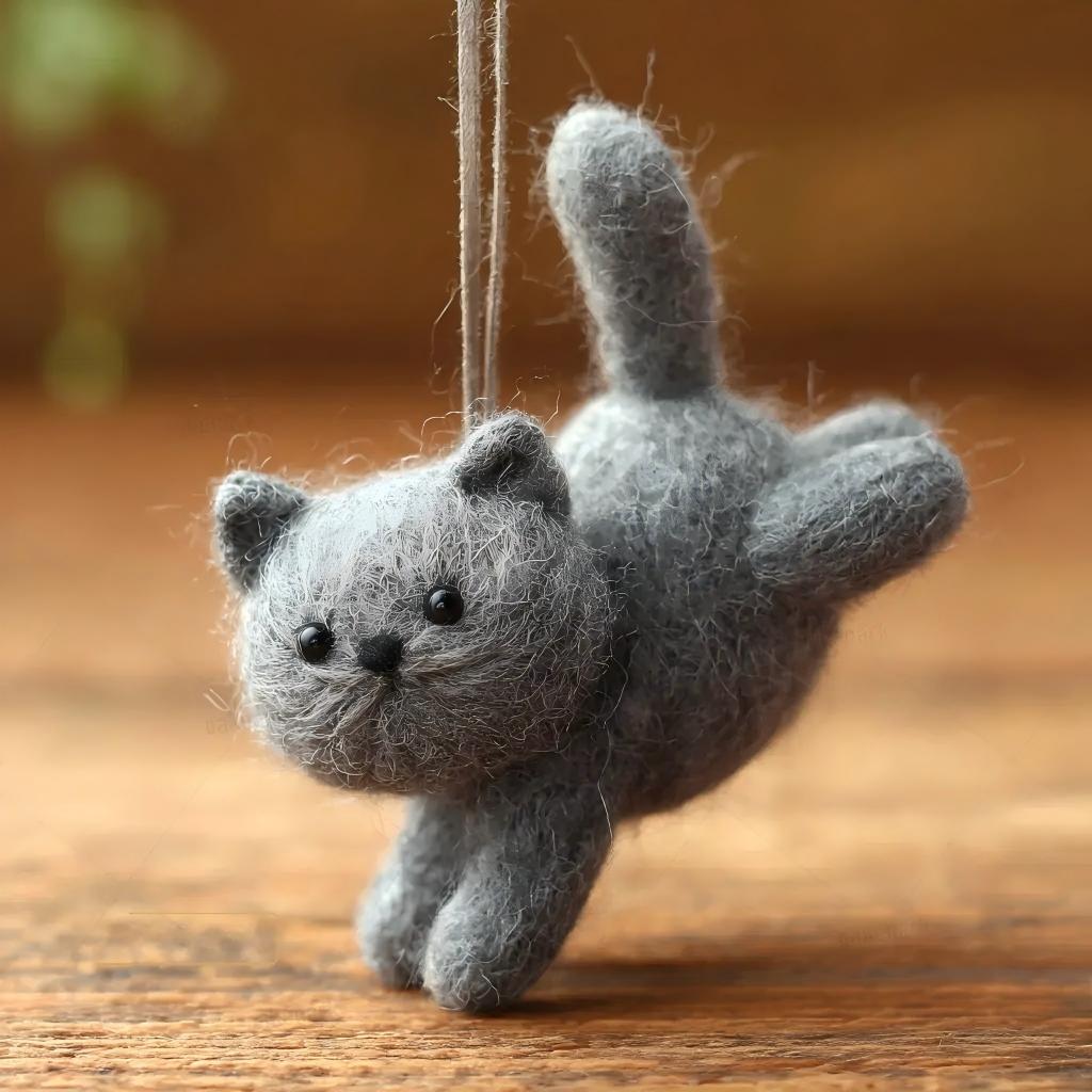 Felt Leaping Grey Cat Car Mirror Ornament Pendant