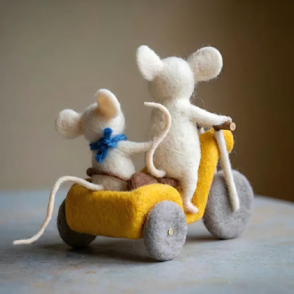 Handcrafted Felt "Adventurous Travelers" Mice on Motorcycle Desk Figurine