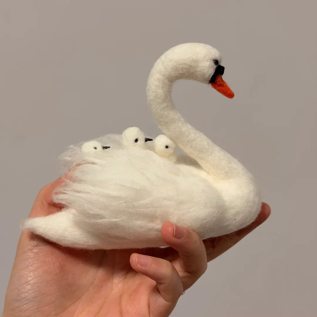 Handcrafted Wool Felt Mother Swan and Cygnets Sculpture