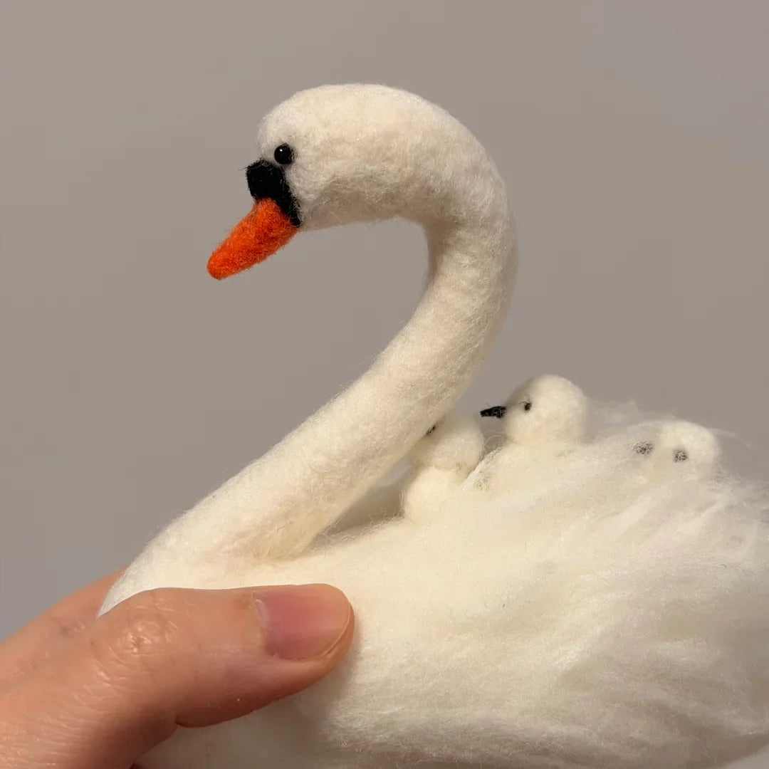 Handcrafted Wool Felt Mother Swan and Cygnets Sculpture