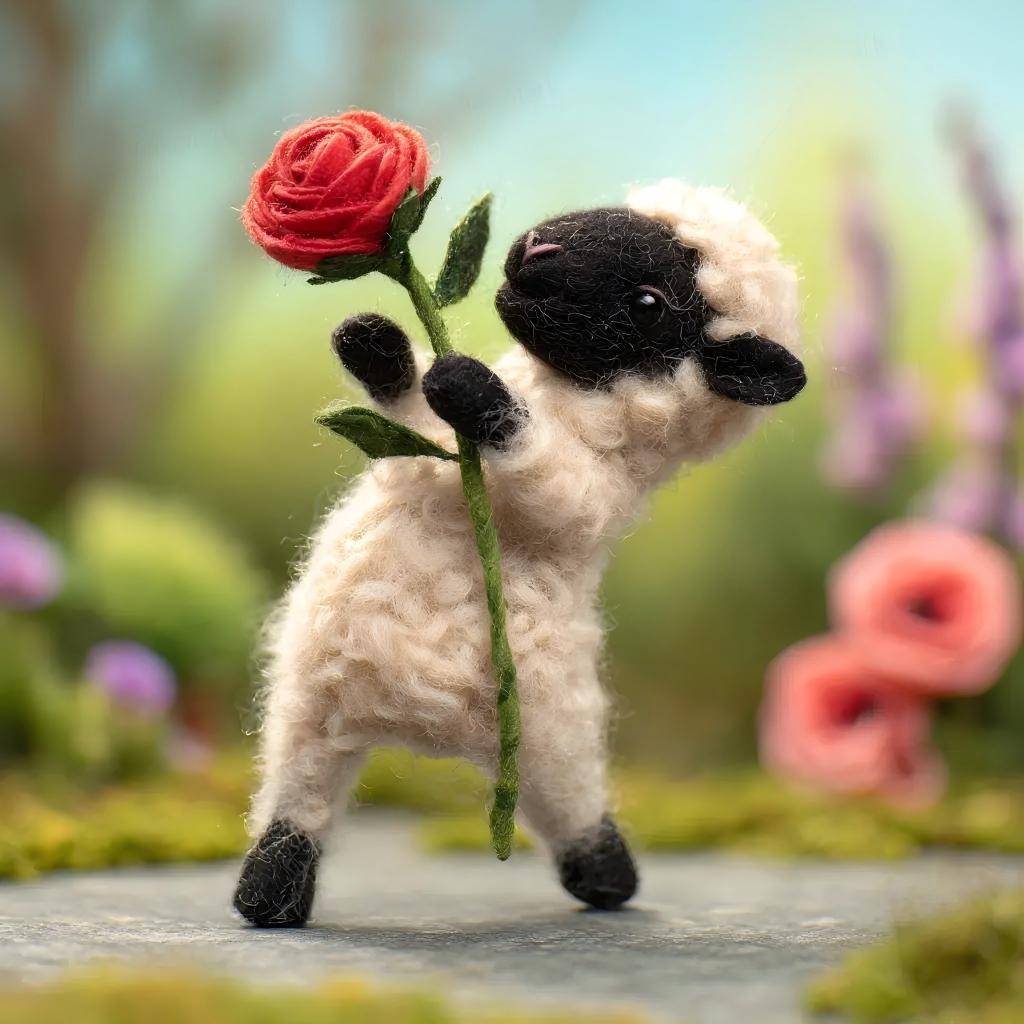 Handcrafted Wool Felt Romantic Sheep Figurine