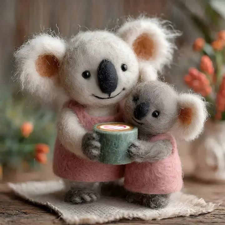 Handcrafted Wool Felt Hugging Koala Mother and Baby Figurine